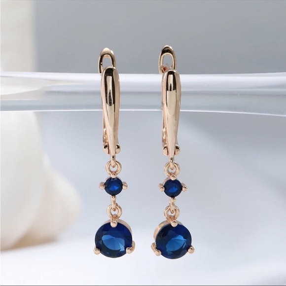 ROSE Gold Plated Blue Zircon Pendant Earrings - Picture 1 of 6
